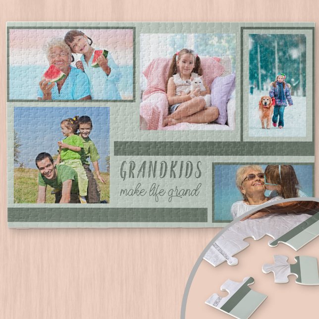 Grandkids Make Life Grand Green 5 Photo Collage Jigsaw Puzzle (Creator Uploaded)