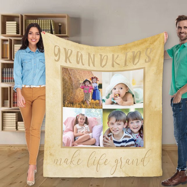Grandkids make life Grand Neutral Photo Collage Fleece Blanket (Creator Uploaded)