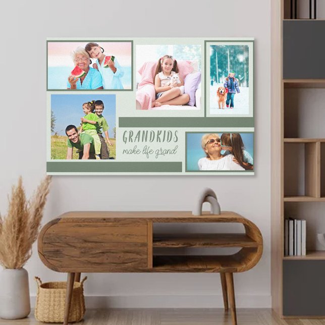 Grandkids Make Life Grand Photo Collage Grey Green Canvas Print (Creator Uploaded)