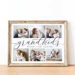 Grandkids Make Life Grand | Photo Collage Poster<br><div class="desc">Create a sweet gift for a beloved grandma or grandpa with this beautiful photo collage print. "Grandkids make life grand" appears in the centre in navy blue and grey calligraphy script lettering. Customise with six photos of their grandchildren for a unique gift for Grandparents Day,  holidays,  or birthdays.</div>