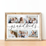 Grandkids Make Life Grand | Photo Collage Poster<br><div class="desc">Create a sweet gift for a beloved grandma or grandpa with this beautiful photo collage print. "Grandkids make life grand" appears in the centre in black and grey calligraphy script lettering. Customise with six photos of their grandchildren for a unique gift for Grandparents Day,  holidays,  or birthdays.</div>