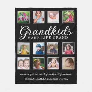 Grandkids Make Life Grand Quote 12 Photo Black Fleece Blanket