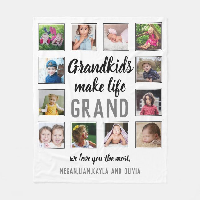 Grandkids Make Life Grand Quote 12 Photo Collage  Fleece Blanket (Front)