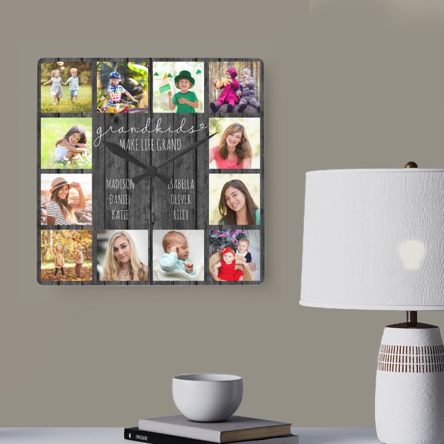 Grandkids Make Life Grand Quote 12 Photo Grey Wood Square Wall Clock (Gift for grandparents - photo clock with grandkids names and photos)