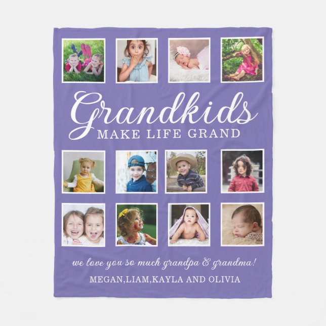 Grandkids Make Life Grand Quote 12 Photo Purple Fleece Blanket (Front)