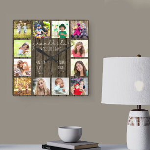 Grandkids Make Life Grand Quote 12 Photo Wood Look Square Wall Clock