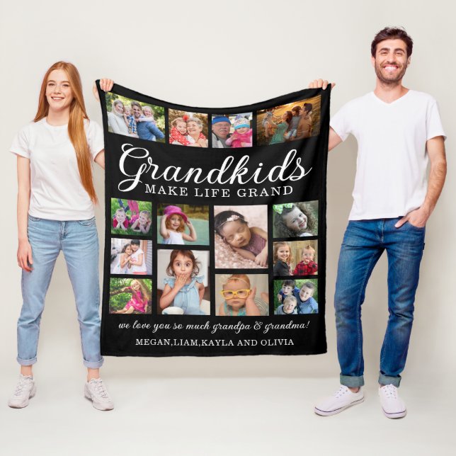 Grandkids Make Life Grand Quote 14 Photo Black  Fleece Blanket (In Situ)