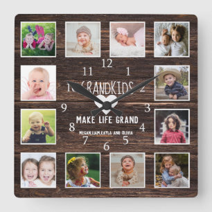 Grandkids Make Life Grand Quote Photo Collage Wood Square Wall Clock