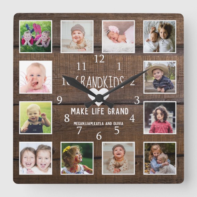 Grandkids Make Life Grand Quote Rustic Wood Photo Square Wall Clock (Front)