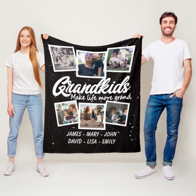 Grandkids make life more grand 6 Photo & Names Fleece Blanket (In Situ)