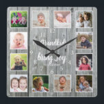 Grandkids Quote 12 Photo Collage Rustic Gray Wood Square Wall Clock<br><div class="desc">A rustic wood photo collage clock with a beautiful quote "Grandkids bring joy to everyday".Personalize with 12 family photos to make it a memorable keepsake gift for grandparents.</div>