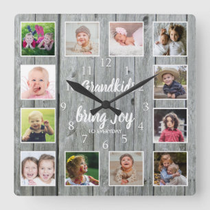 Grandkids Quote 12 Photo Collage Rustic Gray Wood Square Wall Clock