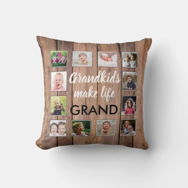 Grandkids Quote Rustic Wood 12 Photo Collage Cushion (Front)
