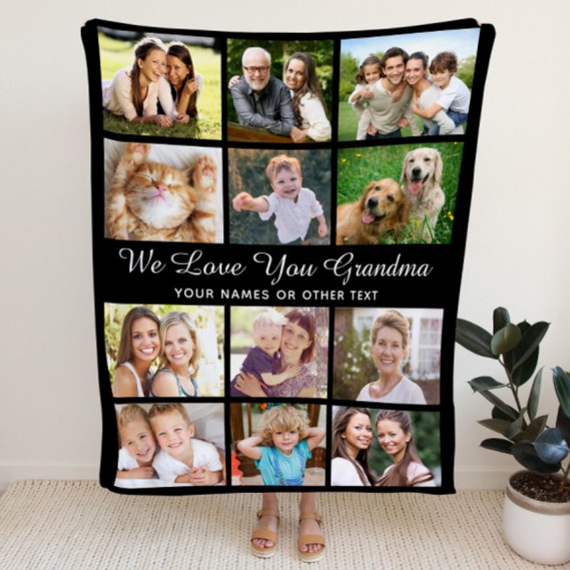 Grandma 12 Photo Collage Black Fleece Blanket (Creator Uploaded)