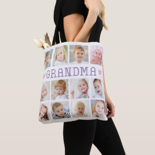 Grandma 12 Photo Collage Hearts Custom Colours Tote Bag