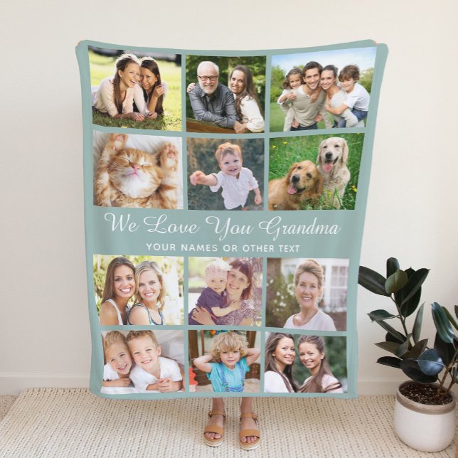 Grandma 12 Photo Collage Sage Green Fleece Blanket (Creator Uploaded)