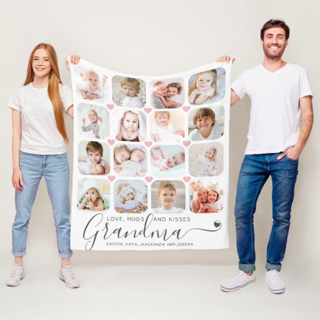 Grandma 16 Photo Collage Script Hearts White Gray Fleece Blanket (In Situ)
