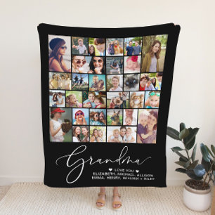 Grandma 30 Photo Collage Black Fleece Blanket