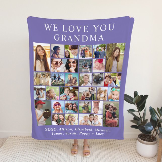 Grandma 30 Photo Collage Purple Fleece Blanket (Creator Uploaded)