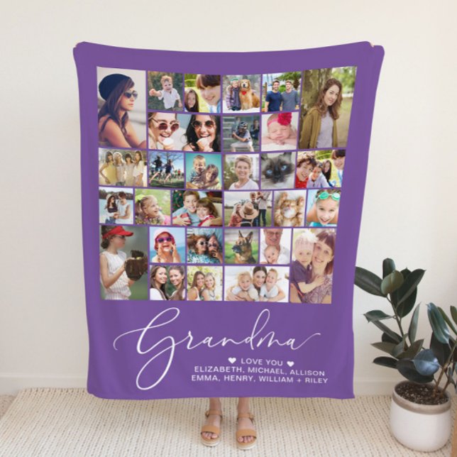 Grandma 30 Photo Collage Purple Fleece Blanket (Creator Uploaded)