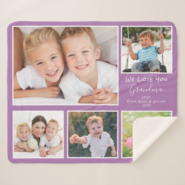 Grandma 5 Photo Purple Sherpa Blanket (Front (Horizontal))