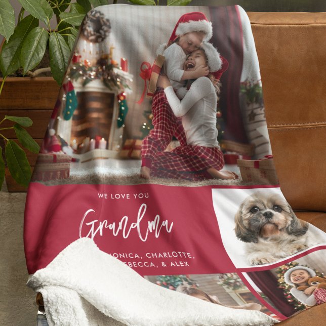 Grandma 5 Photos with Pet Personalised Holiday Sherpa Blanket (We Love You Grandma Photo Collage Sherpa Blanket Red)
