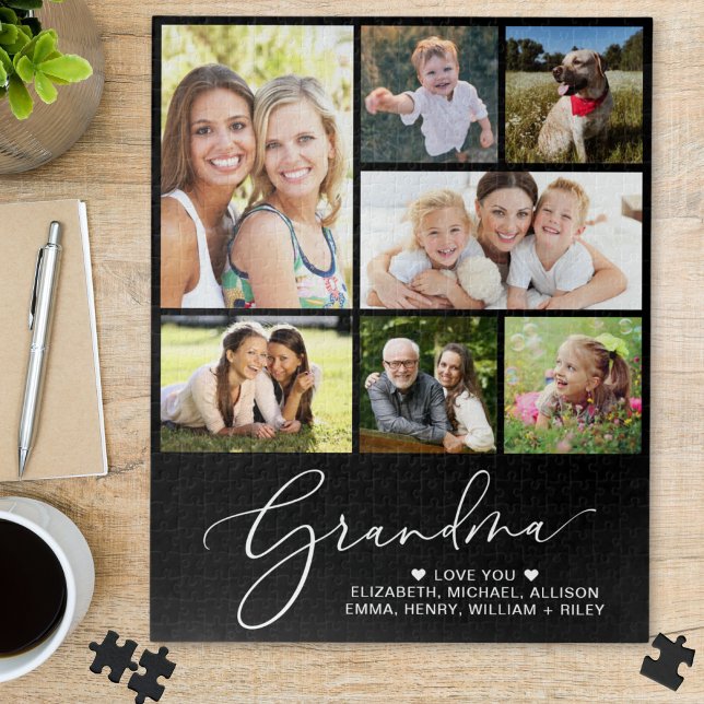 Grandma 7 Photo Collage Black Jigsaw Puzzle (Creator Uploaded)