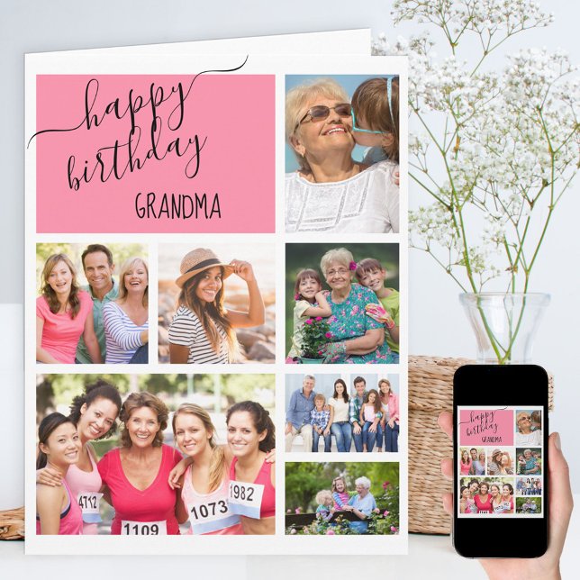 Grandma 7 Photo Collage Pink Personalised Birthday Card (Creator Uploaded)
