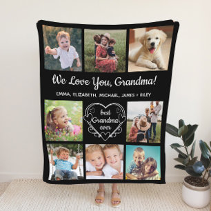 Grandma 8 Photo Collage Black Fleece Blanket