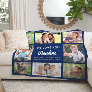 Grandma 8 Photo Collage Navy Blue Fleece Blanket