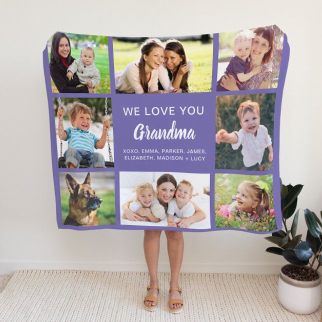 Grandma 8 Photo Collage Purple Fleece Blanket (Creator Uploaded)