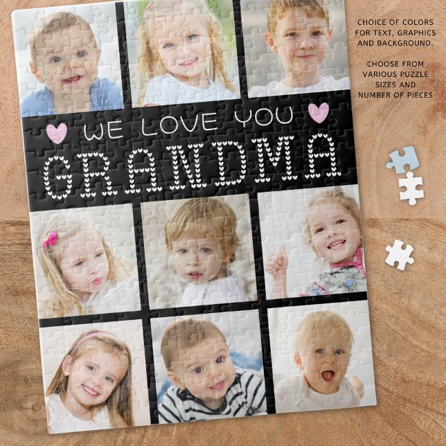Grandma 9 Photo Collage Hearts Custom Colours Jigsaw Puzzle (Creator Uploaded)