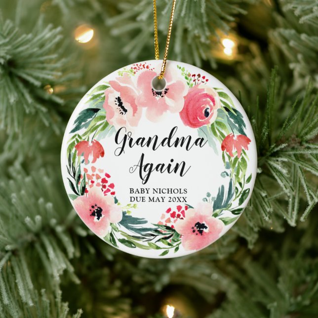Grandma Again 2nd Baby Personalised Floral Wreath Ceramic Tree Decoration (Tree)