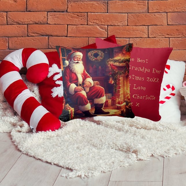 Grandma And Grandpa | Santa By The Fireplace Red Cushion (Front And Back)
