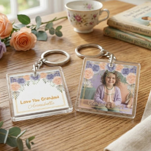 Grandma Birthday Wildflower Rose Photo Floral Key Ring