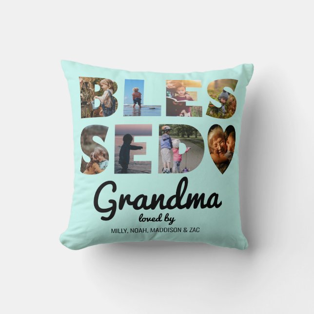 Grandma Blessed Photo Collage Personalised Mint Cushion (Front)