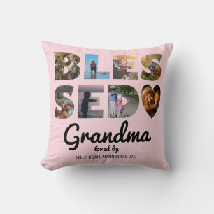 Grandma Blessed Photo Collage Personalised Pink Cushion