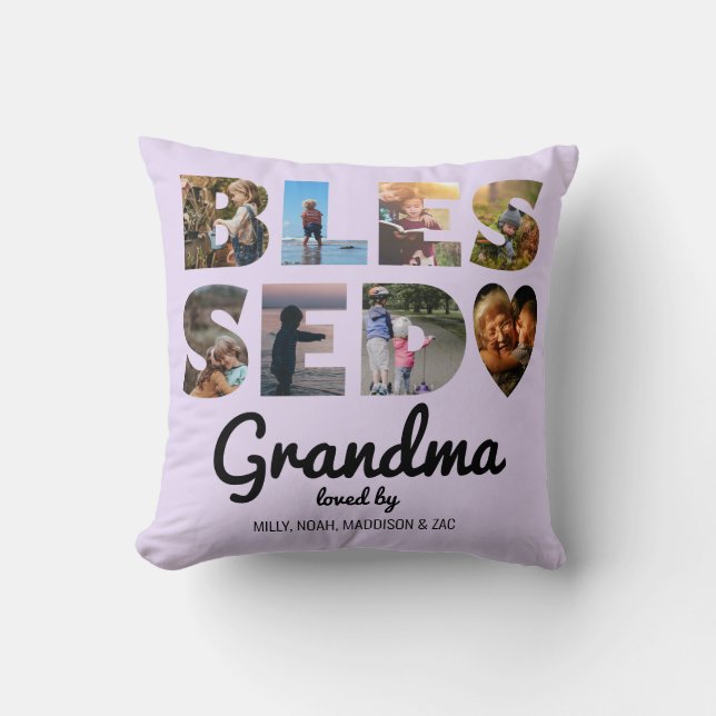 Grandma Blessed Photo Collage Personalised Purple Cushion (Front)