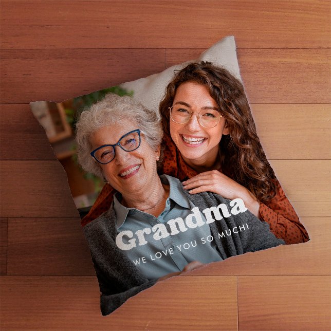 Grandma | Boho Text Overlay with Two Photos Cushion (Creator Uploaded)