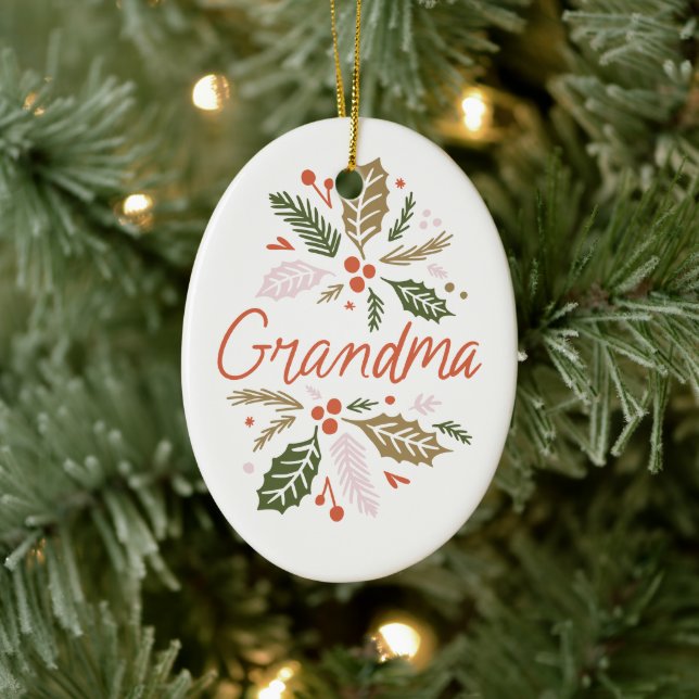 Grandma Bright Holly Christmas Photo Ceramic Tree Decoration (Tree)