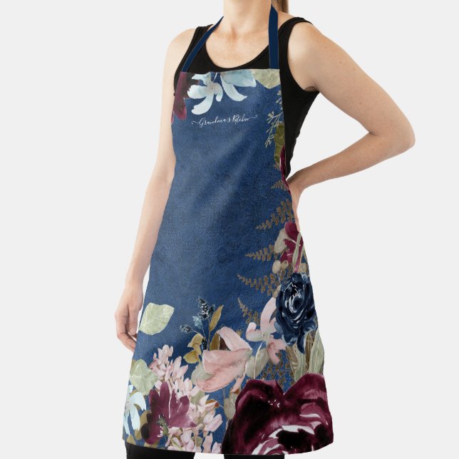 Grandma Burgundy Floral Blush Peony Rose w Navy Apron (Insitu)