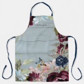 Grandma Burgundy Floral Pink Peony Dusty Blue Wood Apron (Front)