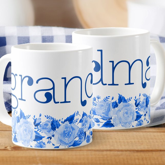 Grandma China Blue Watercolor Floral Roses Coffee Mug (Creator Uploaded)