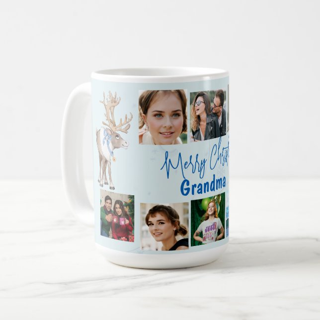 Grandma Christmas Family Photo Collage Blue Deer Coffee Mug (Front Left)