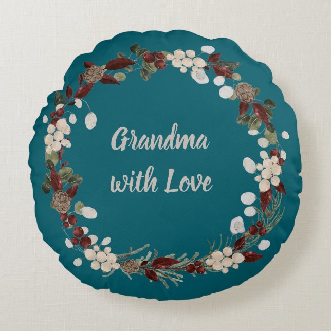 Grandma Christmas wreath on a rich teal  Round Cushion (Front)