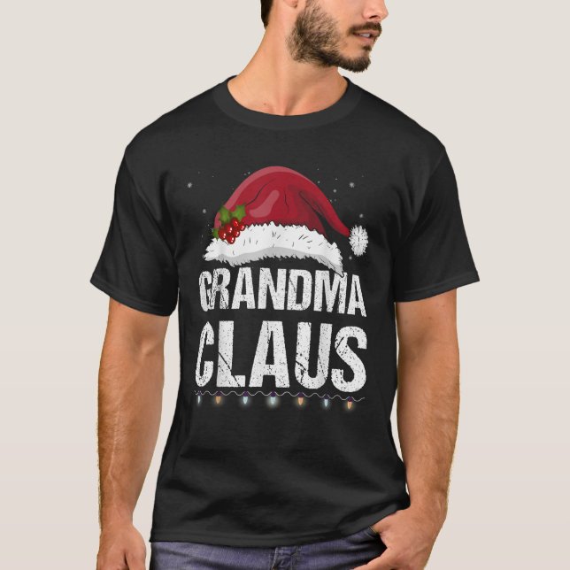 Grandma Claus Christmas Lights Santa Hat Matching  T-Shirt (Front)