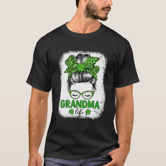 Grandma Clover Messy Bun Leopard Funny St Patrick' T-Shirt