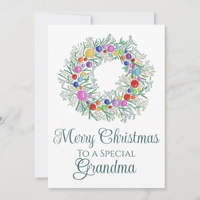Grandma Colourful Christmas Wreath Holiday Card (Front)