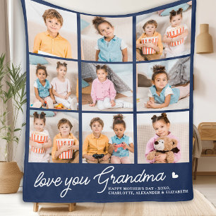 Grandma Custom Modern Navy Blue 9 Photo Collage  Fleece Blanket