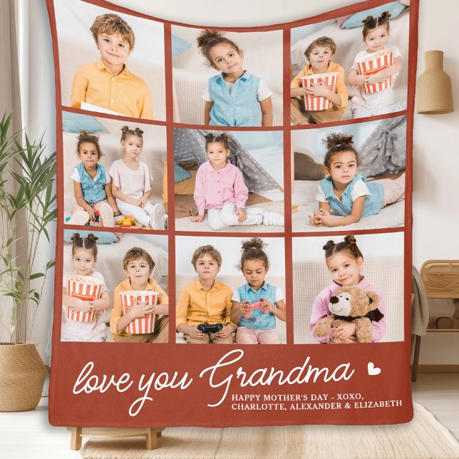 Grandma Custom Modern Terracotta 9 Photo Collage  Fleece Blanket (Creator Uploaded)